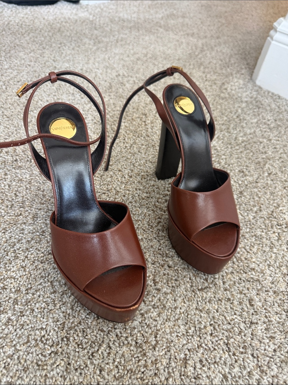 Yves Saint Laurent Brown Leather Platform Sandals with Ankle Strap